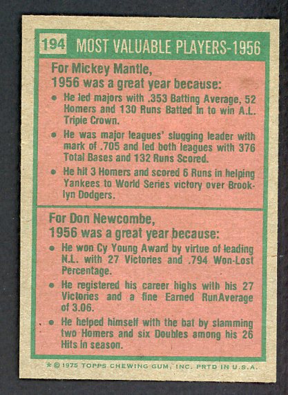 1975 Topps Baseball #194 Mickey Mantle Don Newcombe EX-MT 527273