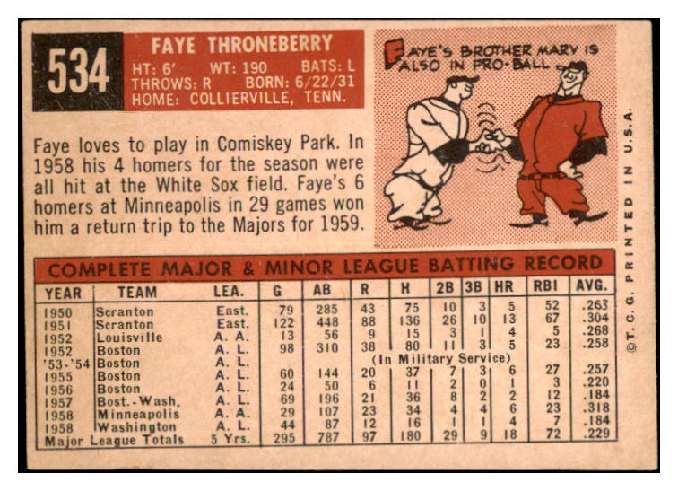 1959 Topps Baseball #534 Faye Throneberry Senators EX-MT 527428
