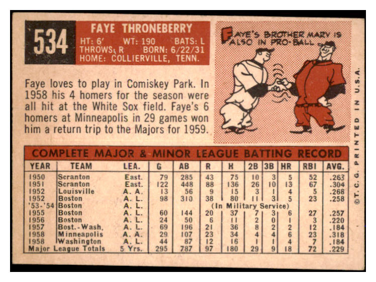 1959 Topps Baseball #534 Faye Throneberry Senators EX-MT 527483