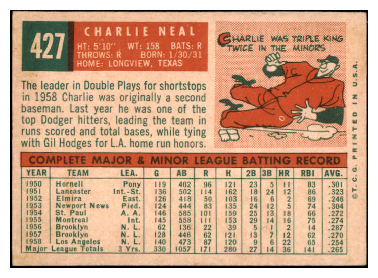 1959 Topps Baseball #427 Charlie Neal Dodgers EX 527514