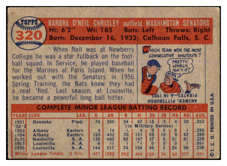 1957 Topps Baseball #320 Neil Chrisley Senators VG 527610