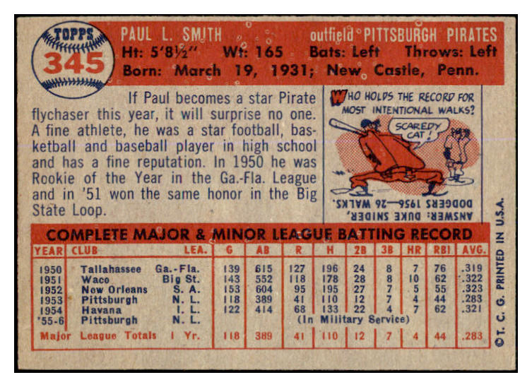 1957 Topps Baseball #345 Paul Smith Pirates EX 527640
