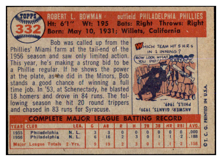 1957 Topps Baseball #332 Bob Bowman Phillies EX 527641