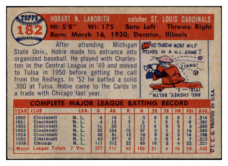 1957 Topps Baseball #182 Hobie Landrith Cardinals EX-MT 527654
