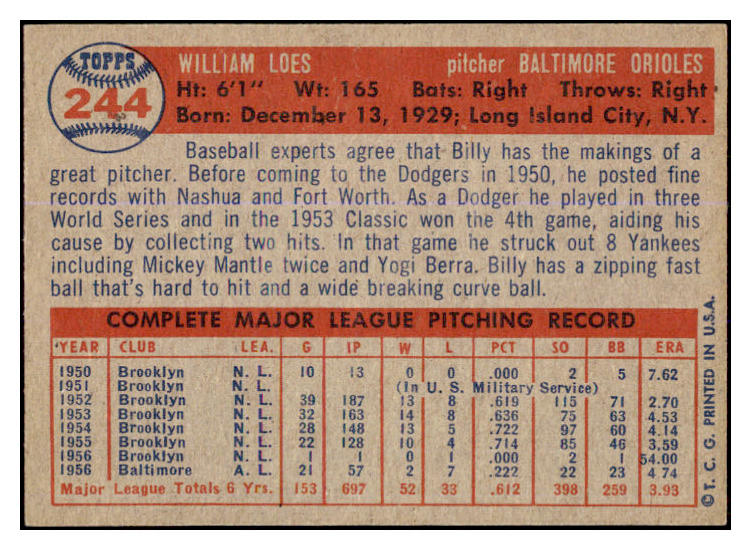 1957 Topps Baseball #244 Billy Loes Orioles EX-MT 527669