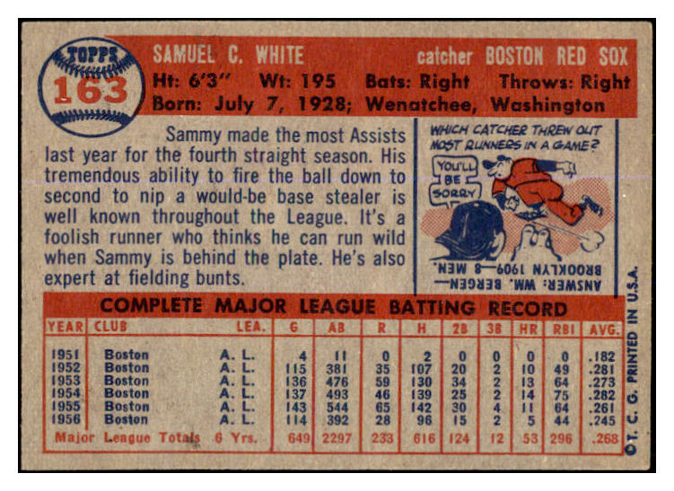 1957 Topps Baseball #163 Sammy White Red Sox EX-MT 527670