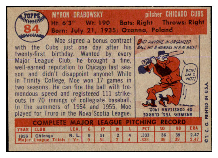1957 Topps Baseball #084 Moe Drabowsky Cubs EX-MT 527679