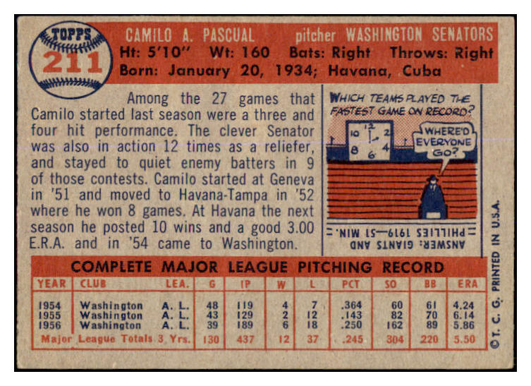 1957 Topps Baseball #211 Camilo Pascual Senators EX-MT 527681