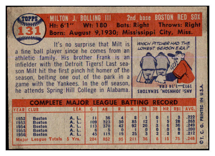 1957 Topps Baseball #131 Milt Bolling Red Sox EX-MT 527688