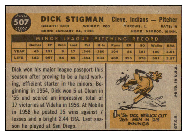 1960 Topps Baseball #507 Dick Stigman Indians EX 527790