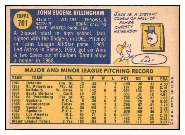 1970 Topps Baseball #701 Jack Billingham Astros EX-MT 527850