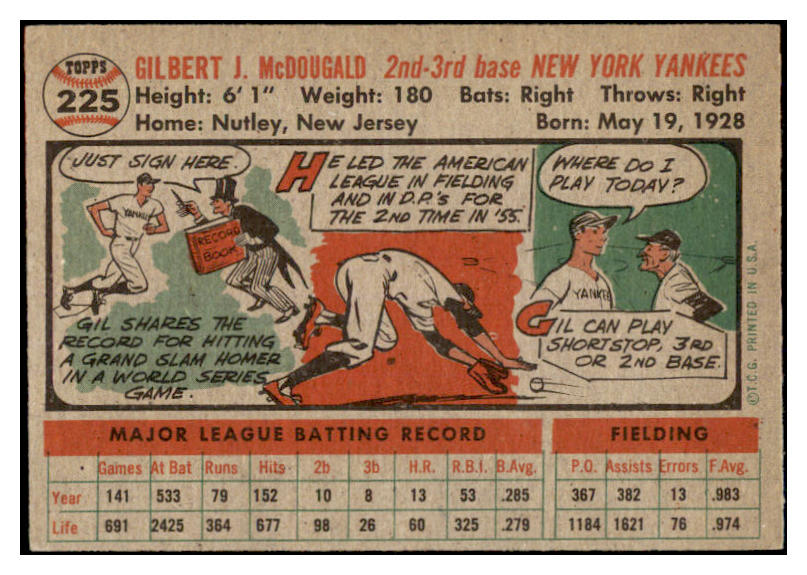 1956 Topps Baseball #225 Gil McDougald Yankees VG-EX 528012