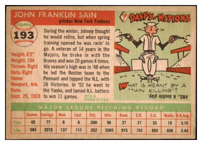 1955 Topps Baseball #193 Johnny Sain Yankees EX-MT 528033