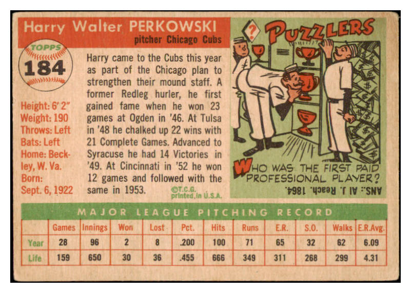 1955 Topps Baseball #184 Harry Perkowski Cubs VG-EX 528045