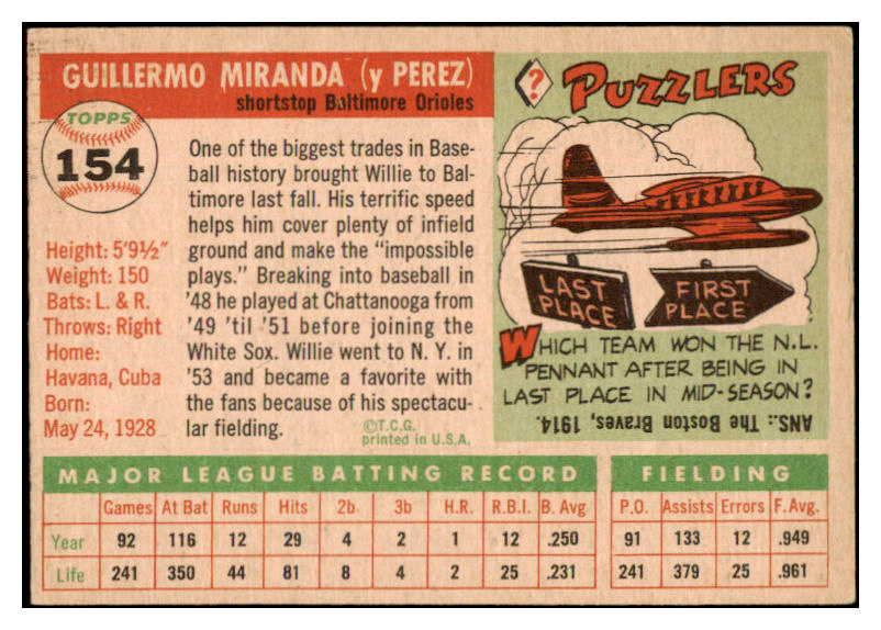 1955 Topps Baseball #154 Willie Miranda Orioles EX-MT 528048