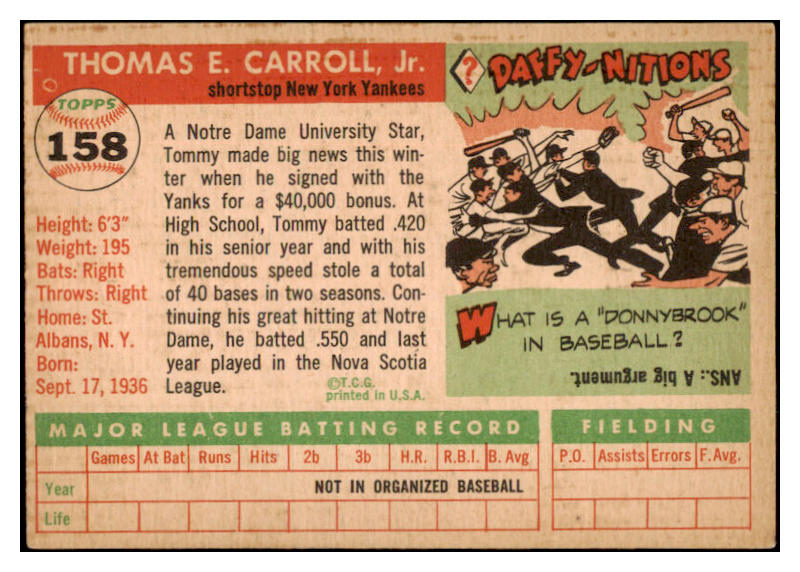 1955 Topps Baseball #158 Tommy Carroll Yankees EX 528049