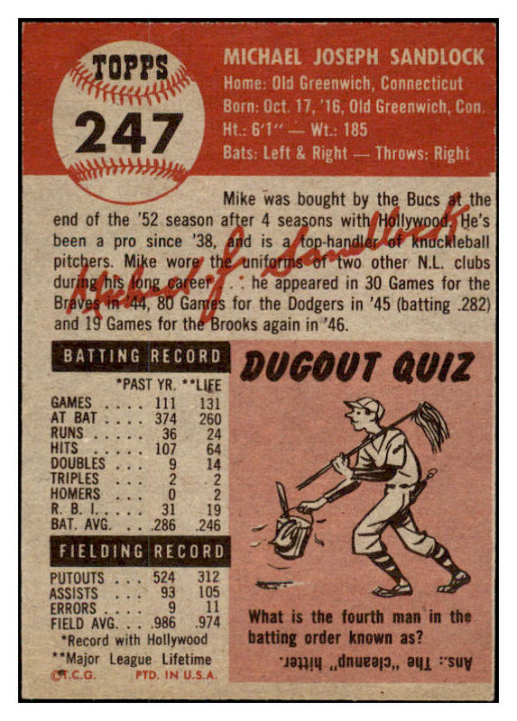 1953 Topps Baseball #247 Mike Sandlock Pirates EX 528068