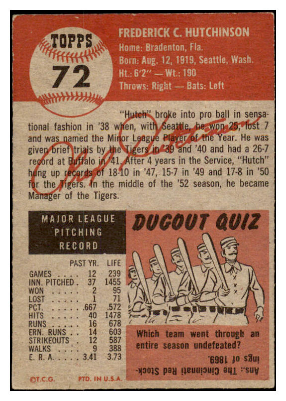 1953 Topps Baseball #072 Fred Hutchinson Tigers EX-MT 528079