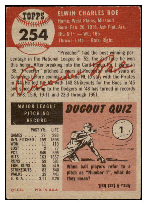 1953 Topps Baseball #254 Preacher Roe Dodgers VG-EX 528084