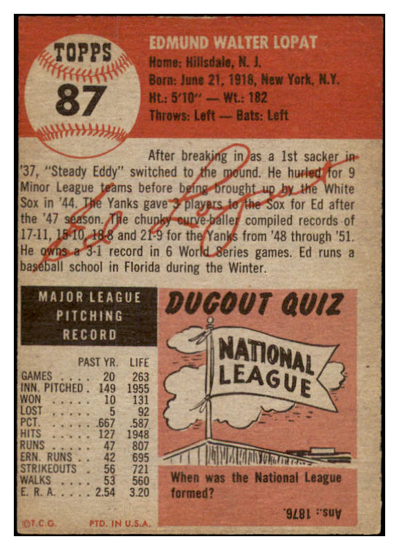 1953 Topps Baseball #087 Eddie Lopat Yankees EX-MT 528105