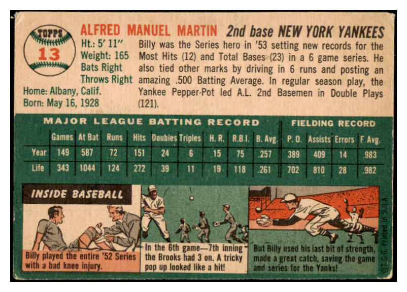 1954 Topps Baseball #013 Billy Martin Yankees VG 528107