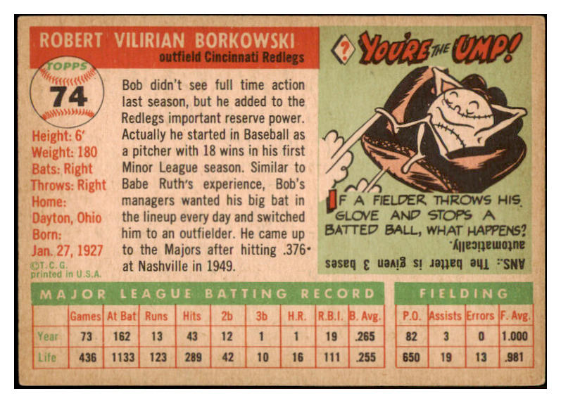 1955 Topps Baseball #074 Bob Borkowski Reds EX-MT 528133
