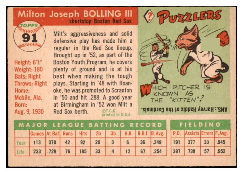 1955 Topps Baseball #091 Milt Bolling Red Sox EX-MT 528141