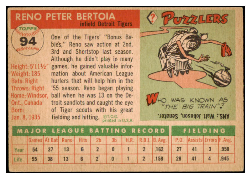 1955 Topps Baseball #094 Reno Bertoia Tigers EX-MT 528143