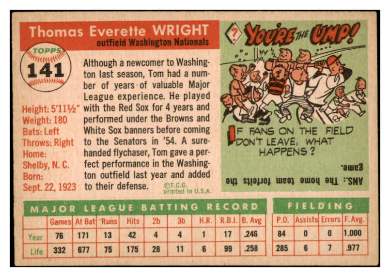 1955 Topps Baseball #141 Tom Wright Senators EX-MT 528150
