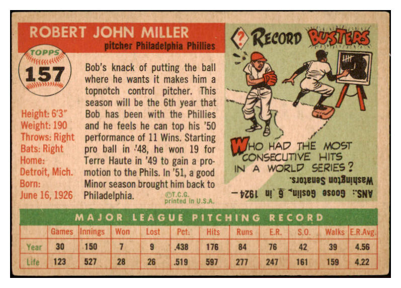 1955 Topps Baseball #157 Bob Miller Phillies EX-MT 528160