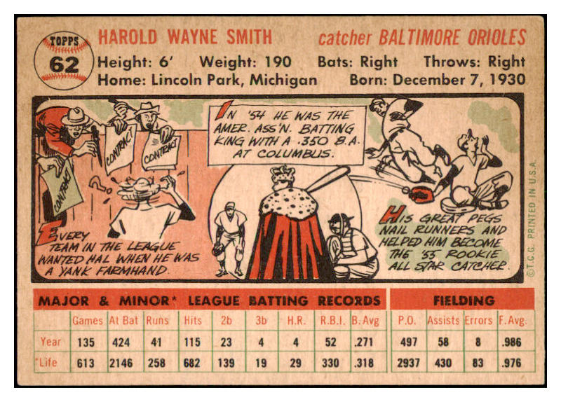 1956 Topps Baseball #062 Hal Smith Orioles EX-MT White 528193