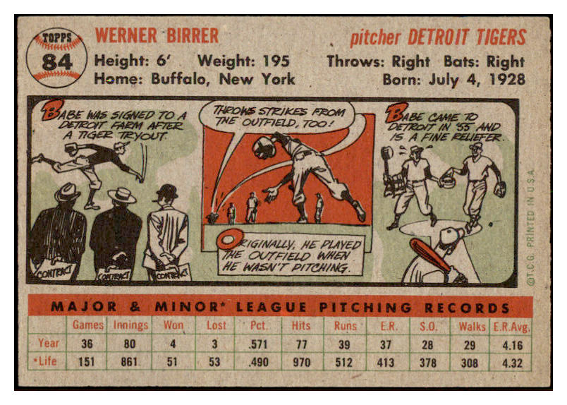 1956 Topps Baseball #084 Babe Birrer Tigers EX-MT Gray 528197