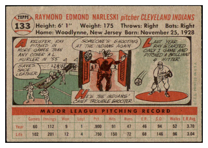 1956 Topps Baseball #133 Ray Narleski Indians EX-MT Gray 528206