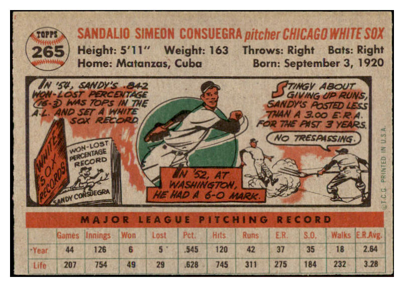 1956 Topps Baseball #265 Sandy Consuegra White Sox EX-MT 528226