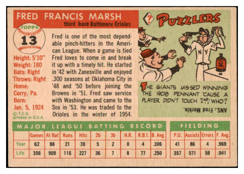 1955 Topps Baseball #013 Fred Marsh Orioles EX-MT 528248