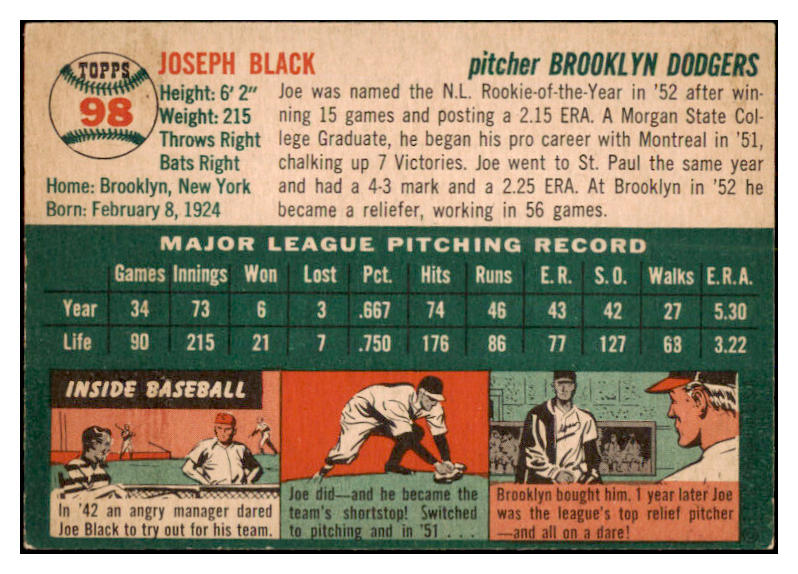 1954 Topps Baseball #098 Joe Black Dodgers EX-MT 528367