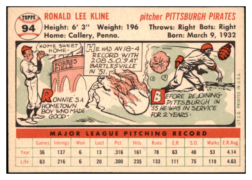 1956 Topps Baseball #094 Ron Kline Pirates EX-MT White 528378