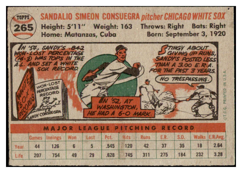 1956 Topps Baseball #265 Sandy Consuegra White Sox EX-MT 528420