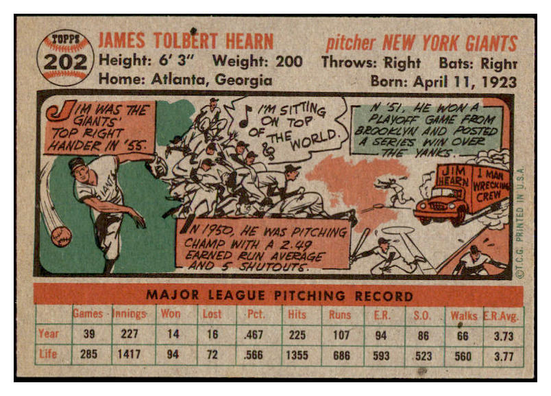 1956 Topps Baseball #202 Jim Hearn Giants EX-MT 528436