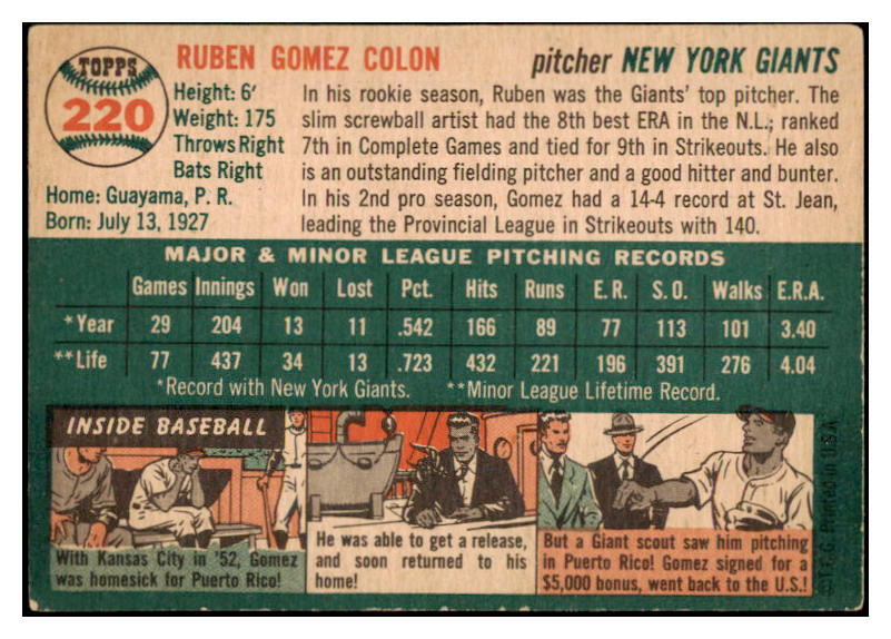 1954 Topps Baseball #220 Ruben Gomez Giants EX 528505