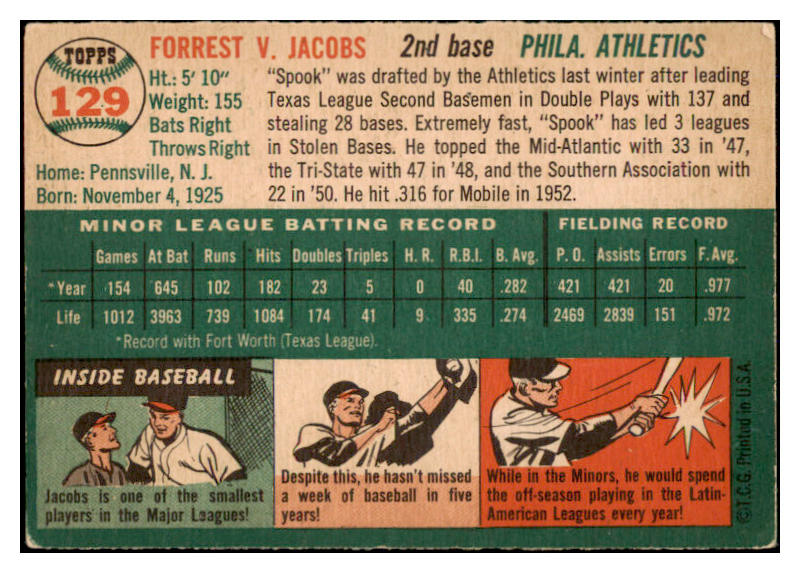 1954 Topps Baseball #129 Spook Jacobs A's EX 528514