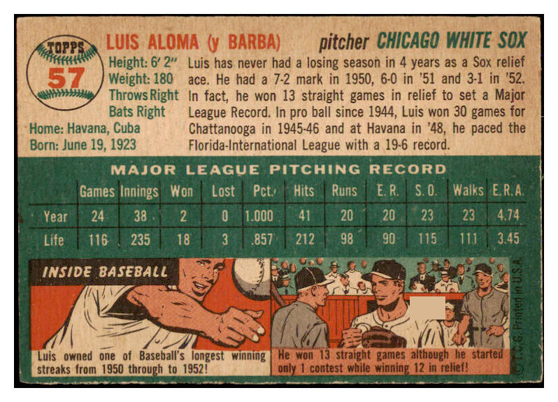 1954 Topps Baseball #057 Luis Aloma White Sox VG-EX 528527