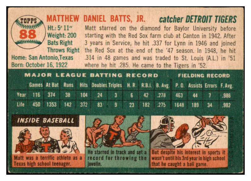 1954 Topps Baseball #088 Matt Batts Tigers VG-EX 528531