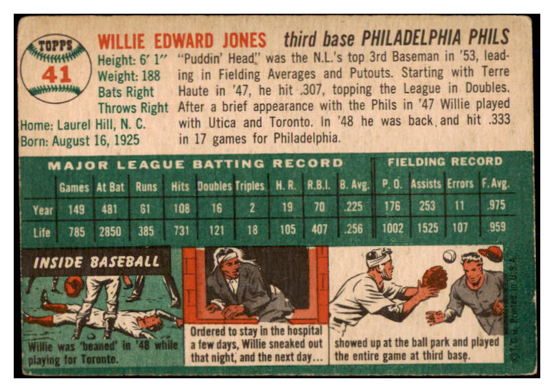 1954 Topps Baseball #041 Willie Jones Phillies VG-EX 528559