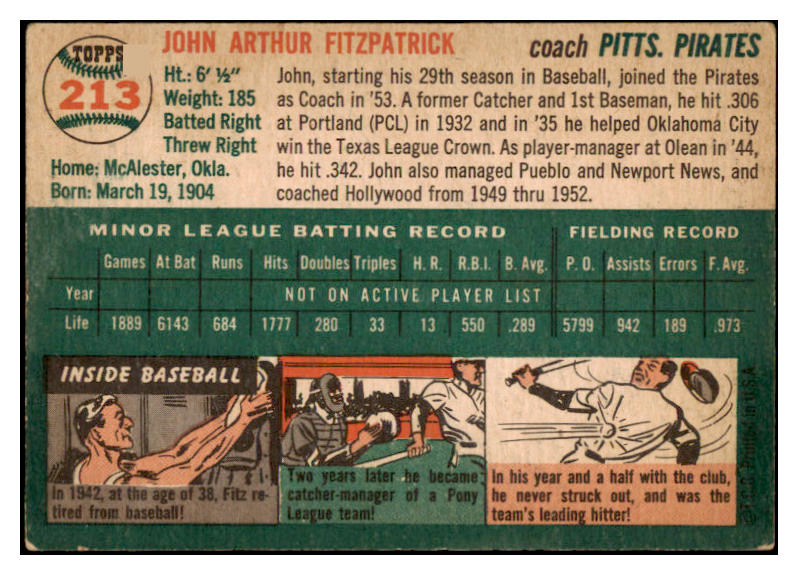 1954 Topps Baseball #213 John Fitzpatrick Pirates VG-EX 528565