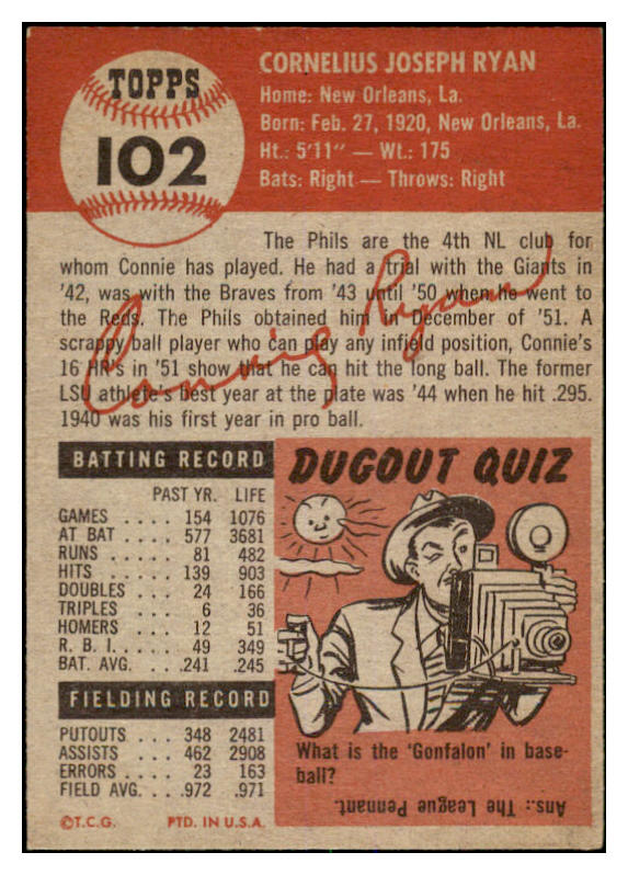 1953 Topps Baseball #102 Connie Ryan Phillies EX 528639