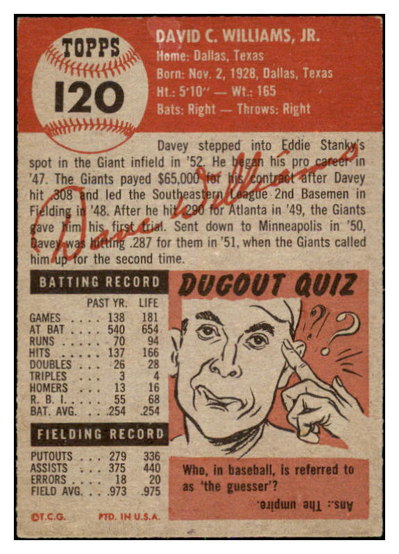 1953 Topps Baseball #120 Davey Williams Giants EX 528643