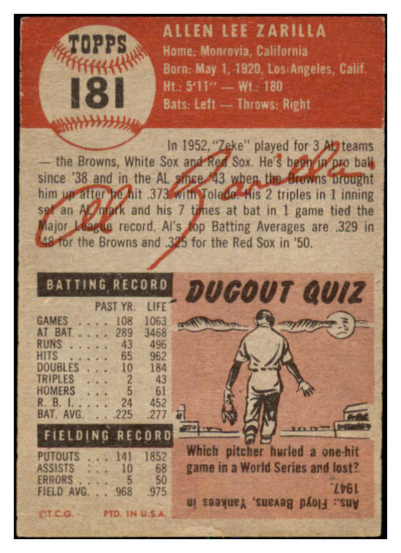 1953 Topps Baseball #181 Al Zarilla Red Sox EX 528649