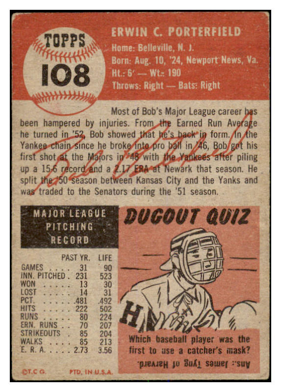 1953 Topps Baseball #108 Bob Porterfield Senators VG-EX 528662