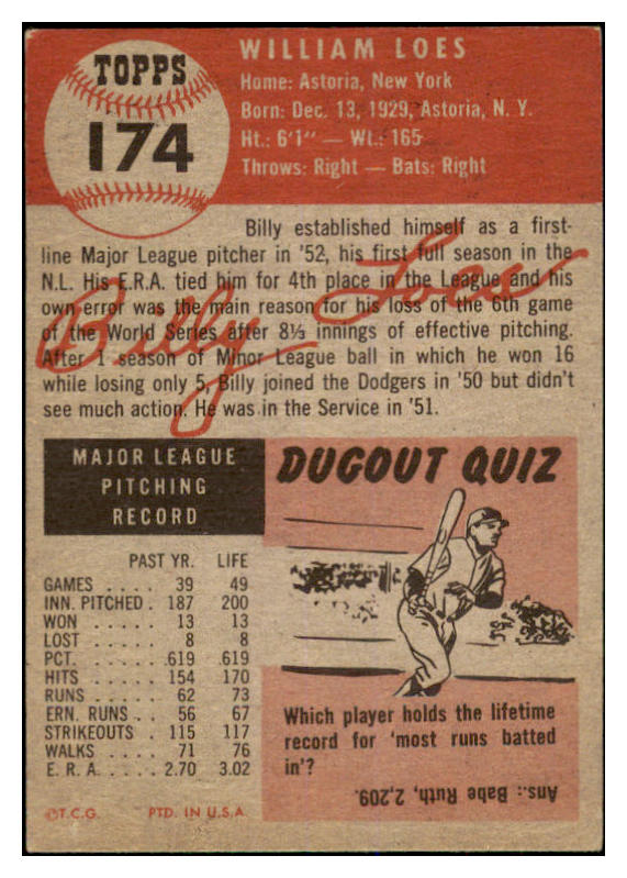 1953 Topps Baseball #174 Billy Loes Dodgers VG-EX 528668